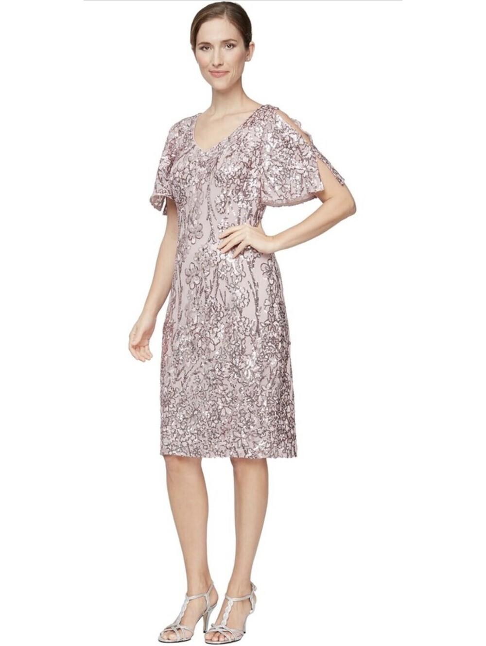Alex Evenings Cold Shoulder Flutter Sleeve Sequin Dress Size 12 Blush NWT $219